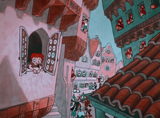 Scene from Poor Cinderella (1934) by Fleischer Studios, an animated short which makes use of Cinecolor Betty Boop - Poor Cinderella (1934) - Town window.png