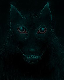 Artist's impression of the Black Shuck. Commonly described features include large red eyes, bared teeth and shaggy black fur. Blackdog.jpg