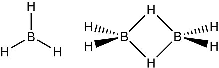 Borane, BH3, is a gaseous compound that is only present at high temperatures. It dimerises to form diborane, B2H6. Diborane has a pair of three-center two-electron bonds.