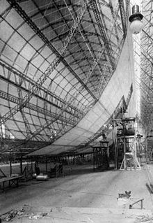 Le Zeppelin est un dirigeable à coque rigide (ici en construction en Allemagne, près du lac de Constance, en 1928).