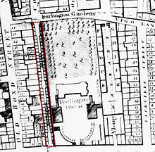 1819 map showing Burlington Gardens at the top. Burlington Arcade Horwood 1819 ed edited edited.JPG