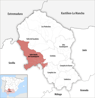 Die Lage der Comarca Valle Medio del Guadalquivir in der Provinz Córdoba