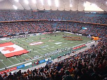 A Canadian football field, with 20-yard-deep end zone and goal post on the goal line CFL Western Final 2007 (2197332902).jpg
