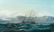 Carl Olsen - Hjuldamperen “Dania” ud for klippekyst - 1864.png