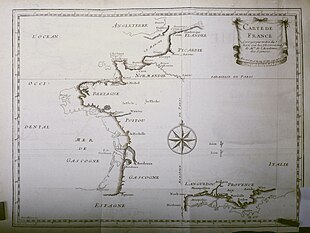 Map of France presented to the Academy in 1684, showing the outline of a previous map (Sanson, light outline) compared to the new survey (heavier, shaded outline). Carte de France corrigee par ordre du Roy.jpg