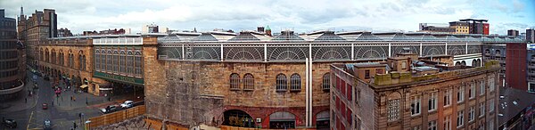 View of Central station from 5th floor of Radisson SAS hotel, with the distinctive facade of the Hielanman's Umbrella and Argyle Street passing under 