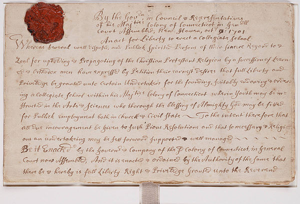Charter creating the Collegiate School, which became Yale College, October 9, 1701