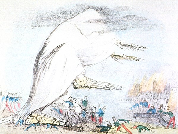 An 1831 color lithograph by Robert Seymour depicts cholera as a robed, skeletal creature emanating a deadly black cloud.