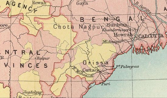 Chota Nagpur and Orissa area during the British Raj. Political Divisions. 1909 Imperial Gazetteer of India map section.