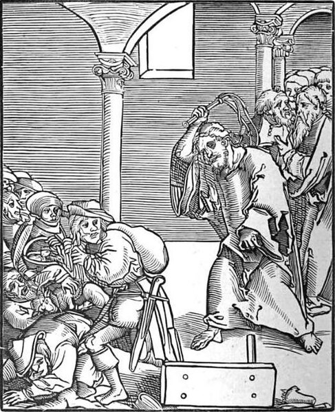 Christ drives the Usurers out of the Temple, a woodcut by Lucas Cranach the Elder in Passionary of Christ and Antichrist