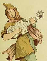 England 1307/1884. 19th century drawing by Lewis Wingfield of an entertainer playing a citole modeled after 14th Century manuscript. From a book of ideas for theater costumes.