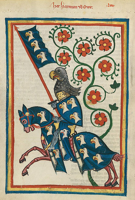 A 14th-century depiction of the 13th-century German knight Hartmann von Aue, from the Codex Manesse