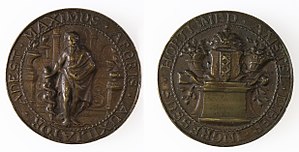 A bronze medallion. Pictures of front and back. The front shows Hippocrates. The back shows the Amsterdam coat of arms.