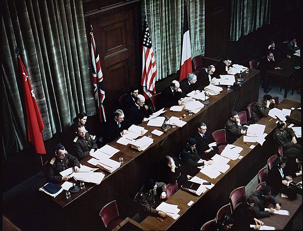 Judges' bench during the tribunal at the Palace of Justice in Nuremberg, Allied-occupied Germany