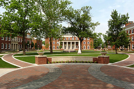 The DePauw quadrangle: "Roy O" library (C) and humanities courses buildings (L and R)