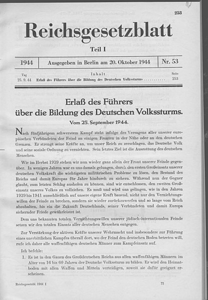 Publication of the decree on the formation of the Volkssturm, 20 October 1944, first page