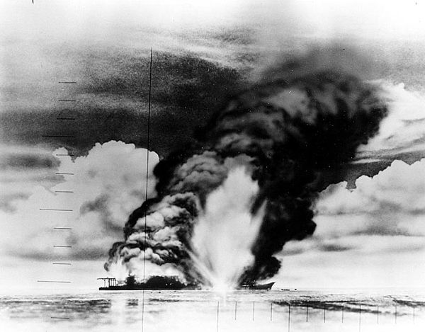 Diorama simulating periscope view from Nautilus, attacking a Japanese aircraft carrier at the Battle of Midway.