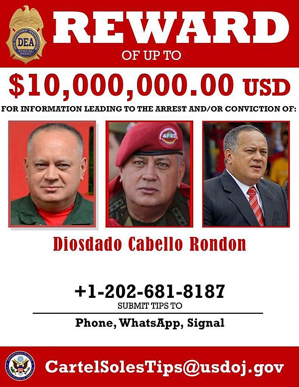 Reward poster of Cabello from the Drug Enforcement Administration.