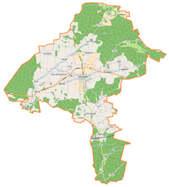 Mapa konturowa gminy Dobrodzień, blisko lewej krawiędzi znajduje się punkt z opisem „Dąbrowica”