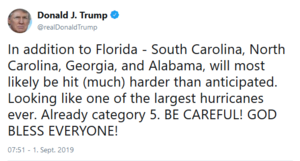 Donald Trump's tweet of 2019-09-01 on Hurricane Dorian affecting (also) Alabama.png