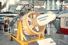 Dornier Aerodyne E1 von 1972 auf dem Transportgestell als Exponat in der Flugwerft Schleißheim