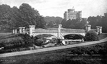 The castle and Tournament Bridge in 1884 Eglinton Castle & Tournament Bridge 1884.jpg
