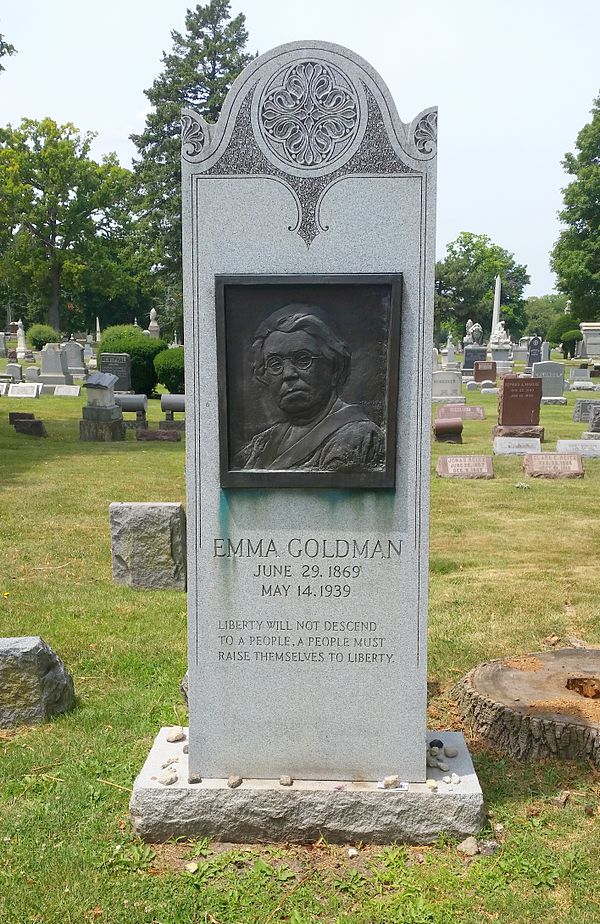 Emma Goldman's grave. Jo Davidson was the sculptor of the bronze bas relief image of Goldman. (The dates of birth and death on the stone are incorrect