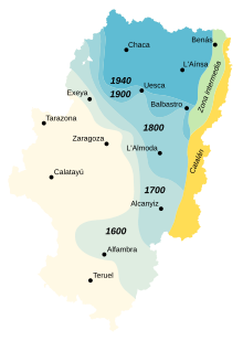 The gradual retreat of Aragonese under the pressure of Castilian (Spanish).