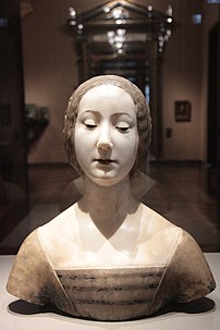 Portrait idéal de Laure, buste en marbre et cire colorée de Francesco Laurana (v. 1488, musée d'Histoire de l'art de Vienne). Il représente la muse de Pétrarque, Laure de Sade, sous les traits de la duchesse de Milan Isabelle d'Aragon. (définition réelle 1 728 × 2 592)