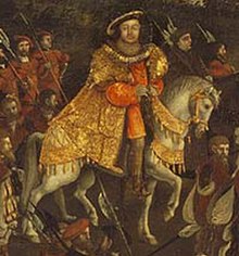 Old painting of a richly dressed king on a white horse and surrounded by soldiers