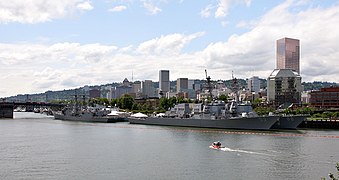 U.S. Navy ships next to downtown during the Portland Rose Festival