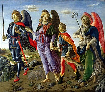 Die drei Erzengel Michael, Raphael und Gabriel führen Tobias, 1470, Uffizien, Florenz