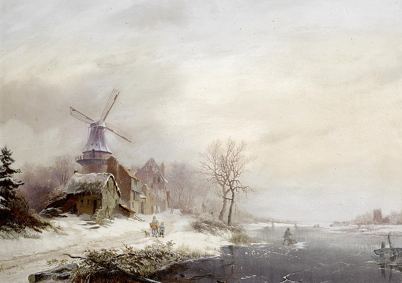 File:Frederik Marinus Kruseman - Winter landschap met gehucht, windmolen en figuren.jpg
