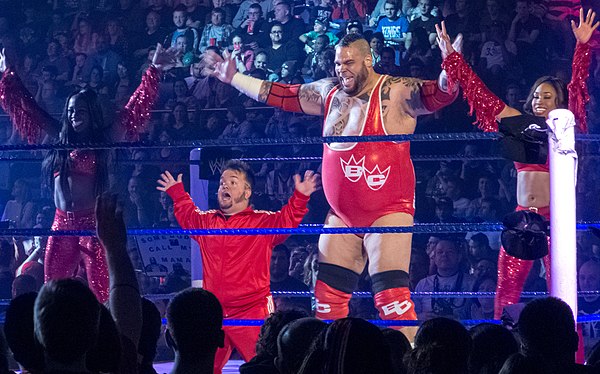 Cameron (right) at the ring along Brodus Clay, dance partner Naomi, and Hornswoggle (front) in April 2012