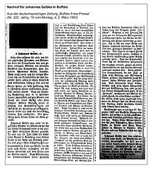 Nachruf und Würdigung Zeitung Buffalo Freie Presse 2. März 1903