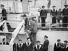 Charles de Gaulle on board the French corvette Roselys at Greenock, Scotland, 24 December 1942 General Charles de Gaulle on board the FFS ROSELYS at Greenock, Scotland, during his visit to units of the Free French Navy to present medals, 24 December 1942. A13587.jpg