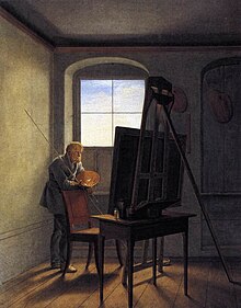 Caspar David Friedrich in his studio (1819), by Georg Friedrich Kersting, Alte Nationalgalerie, Berlin Georg Friedrich Kersting - Caspar David Friedrich in his Studio - WGA12121.jpg