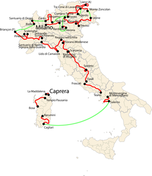 Map of Italy showing the path of the race in red and green lines, starting on the island of Sardinia and crossing the Tyrrhenian Sea to the southern part of the mainland, then heading north, going counter-clockwise to eventually end in Milan