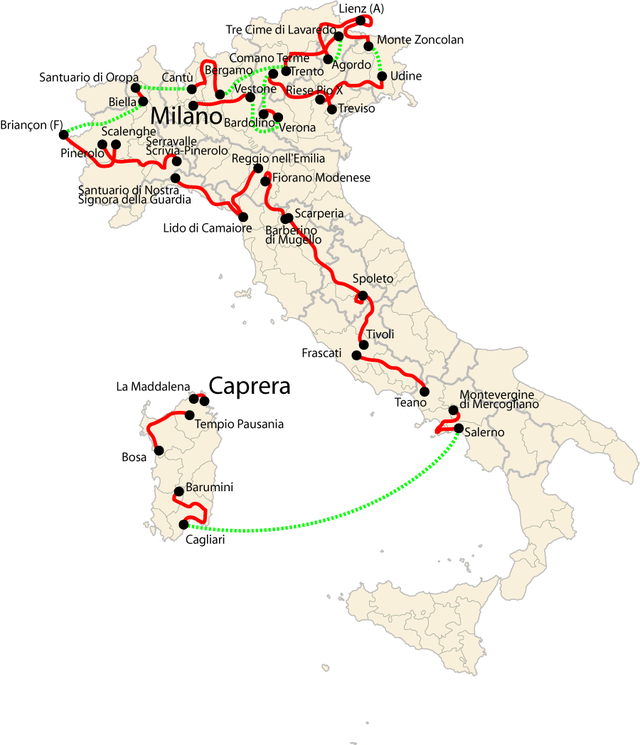 A map of Italy, with the course of the 2007 Giro d'Italia drawn over it in red and green lines