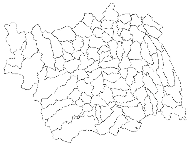 Mapa konturowa okręgu Bacău, blisko centrum na lewo znajduje się punkt z opisem „Moinești”