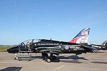 BAE Systems Hawk T1A, of the Fleet Requirements and Development Unit (FRADU), in Royal Navy Centennary of Naval Aviation scheme Hawk T1A of Fleet Requirements and Development Unit (FRADU) RN Centennary of Naval Aviation marks (6283000362).jpg