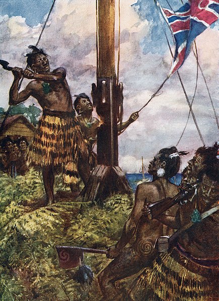Hōne Heke cutting down the flagstaff flying the Union Jack at Kororāreka, 1844