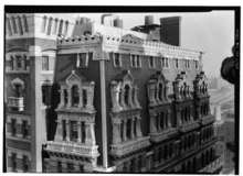 The mansard roof of the expanded building, seen from northeast in 1966 just before demolition Historic American Buildings Survey, John Feulner, Photographer March 1966, ROOF DETAIL FROM NORTHEAST. - Tribune Building, 154 Printing House Square, Nassau and Spruce Streets, HABS NY,31-NEYO,75-3.tif