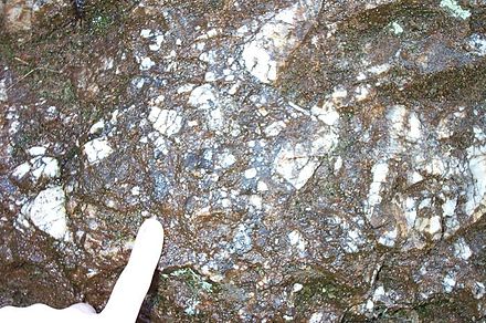 Hydrothermal breccia in the Cloghleagh Iron Mine, near Blessington in Ireland, composed mainly of quartz and manganese oxides, the result of seismic activity about 12 million years ago