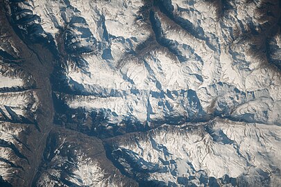 Brig-Glis im Rhônetal, Vispertal mit Visp und Mattertal (a view from ISS to the region in the Alps)