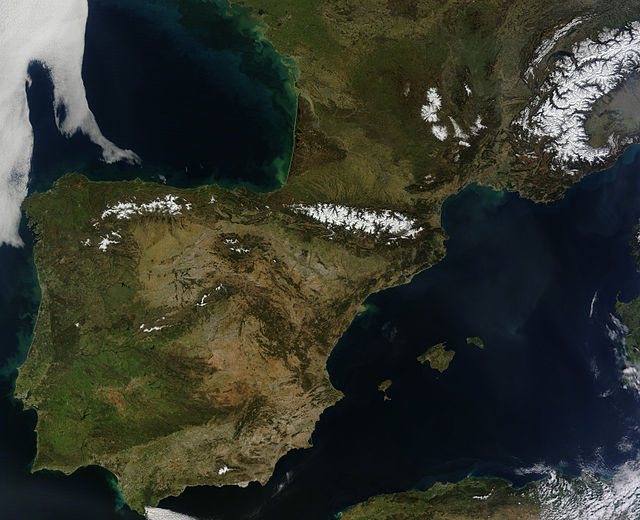The Iberian Peninsula and Southern France, satellite photo on a cloudless day in March 2014