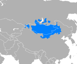 Поширення монгольської мови (бурятська мова врахована як говір, а не окрема мова)