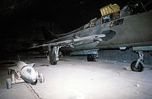 Iraqi Su-22M aircraft in a hangar damaged by Coalition air strikes during Operation Desert Storm. Iraqi Su-22 with Kh-58.jpg