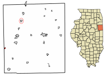 Iroquois County Illinois beépített és be nem épített területek Thawville Highlighted.svg