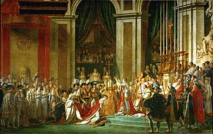 One of the most famous Imperial coronation ceremonies was that of Napoleon, crowning himself Emperor in the presence of Pope Pius VII (who had blessed the regalia), at the Notre Dame Cathedral in Paris.
The painting by David commemorating the event is equally famous: the gothic cathedral restyled style Empire, supervised by the mother of the Emperor on the balcony (a fictional addition, while she had not been present at the ceremony), the pope positioned near the altar, Napoleon proceeds to crown his then wife, Josephine de Beauharnais as Empress. Jacques-Louis David - The Coronation of Napoleon (1805-1807).jpg